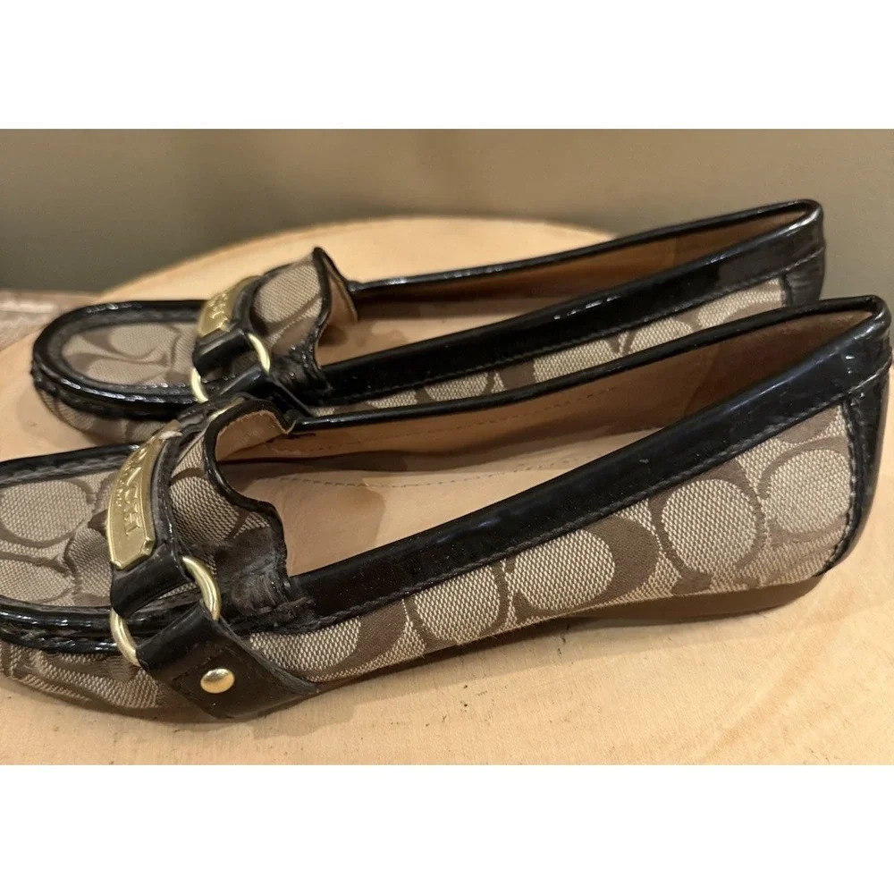 Coach 6 Felisha‎ Signature Loafers Tan And Brown Jacquard Fabric Logo Preppy